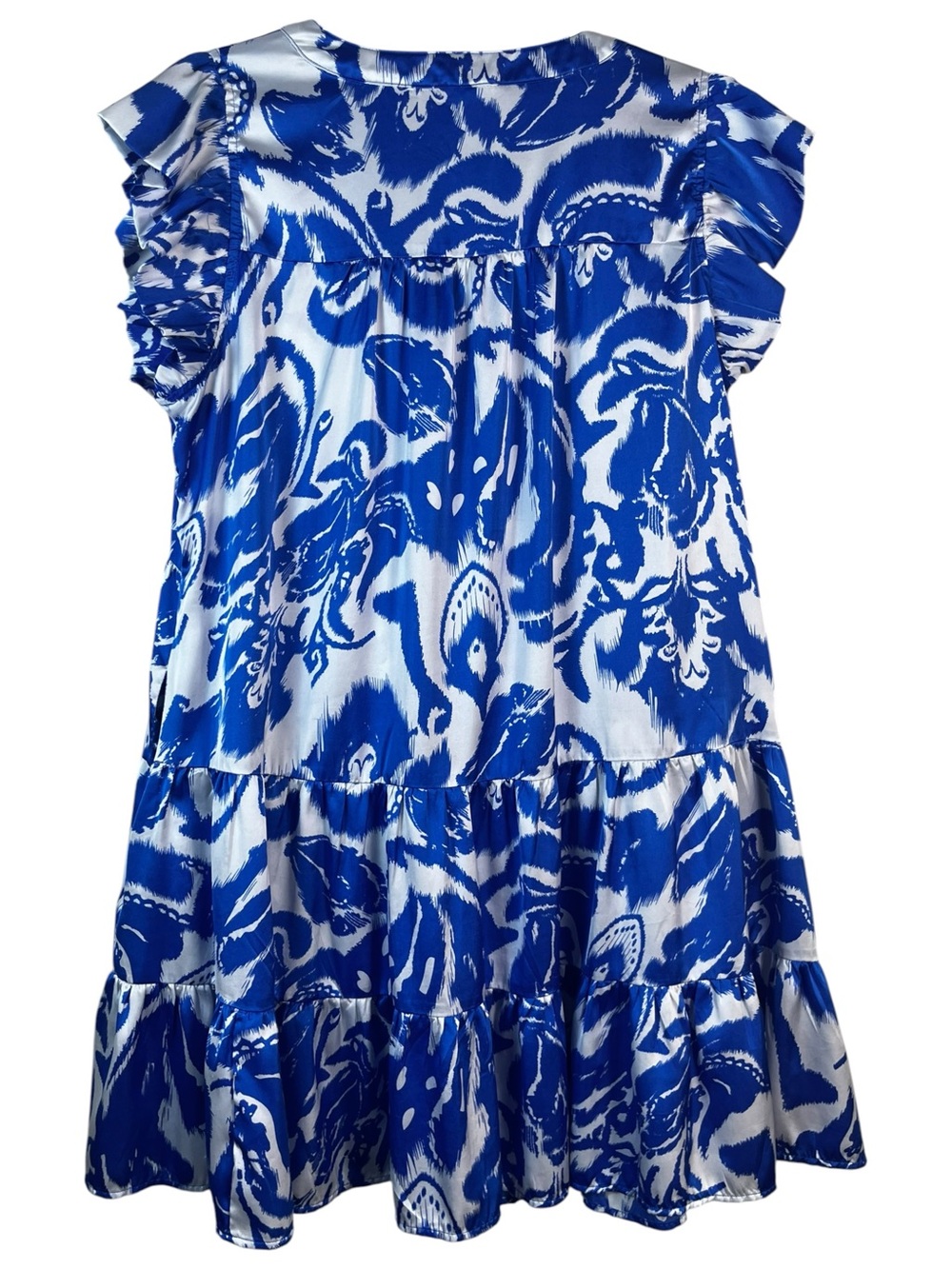 Jodiel Blue and White V-Neck Flutter Sleeve Tiered Swing Dress size L - Picture 12 of 12